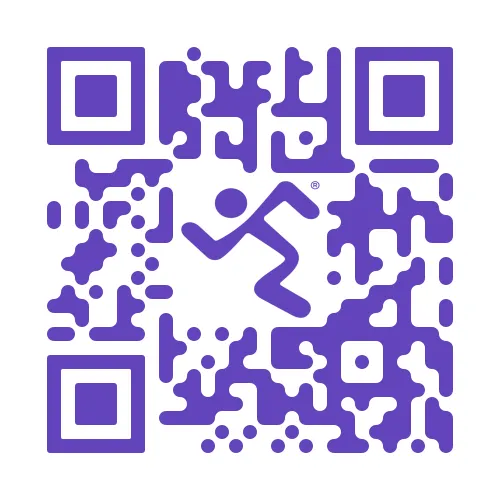 A purple QR code with a running figure in the centre.